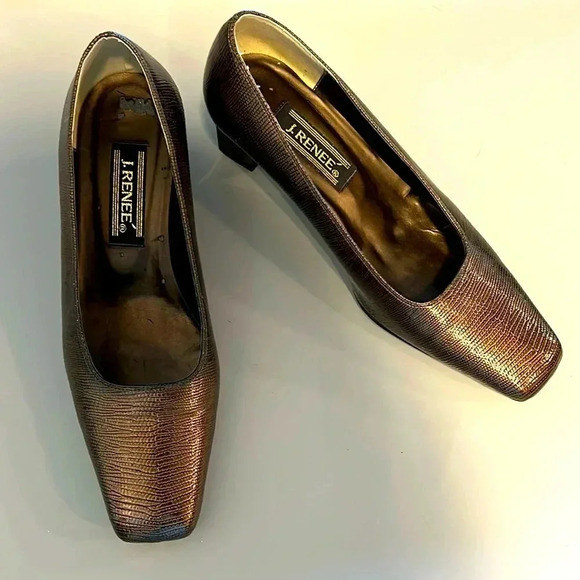 J RENEE BRONZE LIZARD PRINT WITH GOLD ACCENT SQUARE TOE OFFICE CHIC SIZE 7.5 W - Picture 1 of 5